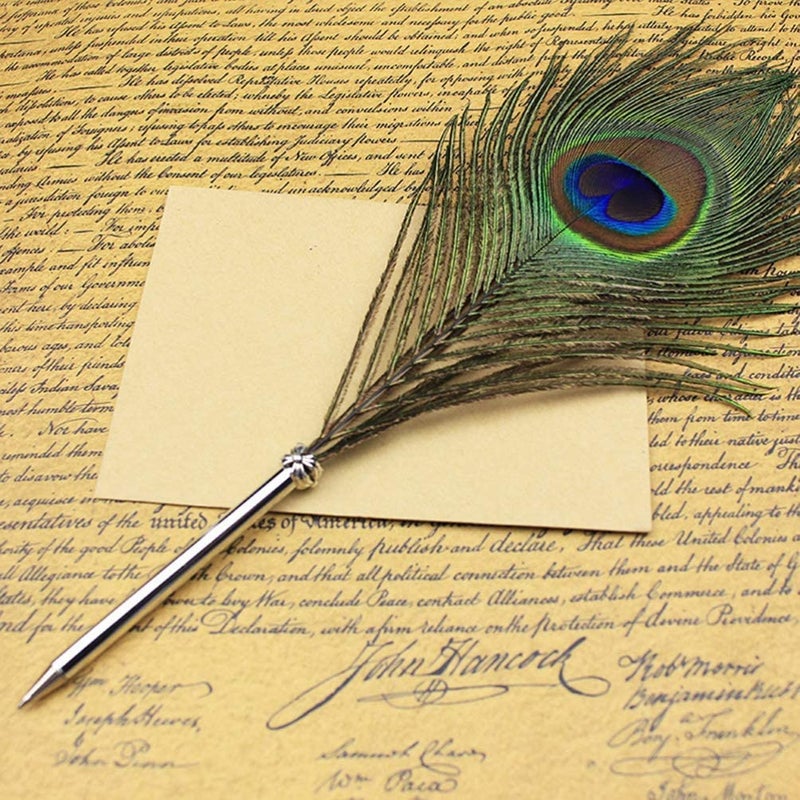 OPENDGO Peacock Feather Ballpoint Pen,Black Ink Vintage Feather Quill Refined Plated Rod Quill Ballpoint Pen For School Writing â–Wedding Gift Signature Pen (1*Peacock Feather Pen) - Image 2